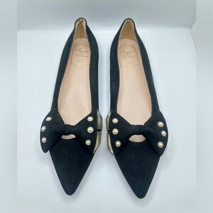 Roger Vivier Black Suede Lolita Pearl Embellished Bow Ballet Flats Sz 39